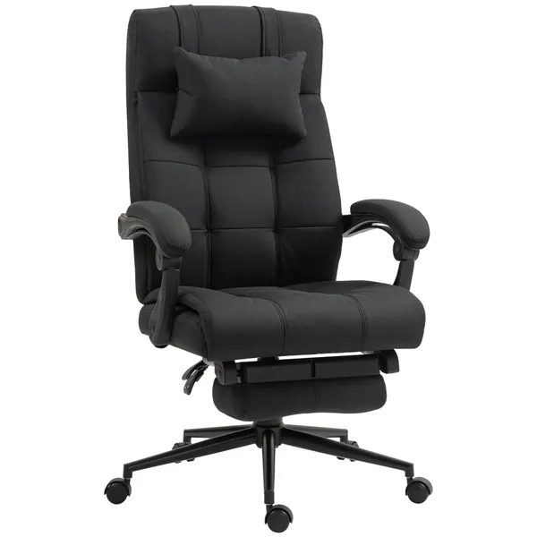 Cadeira de Escritório Reclinável Giratória Estofada em Tecido Tipo Linho Altura Ajustável com Apoio para Pés Encosto de Cabeça e Apoios para Braços Carga Máxima 150 kg 66x76x112-120 cm Preto