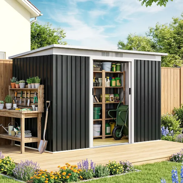 Maison de jardin 280x130x172cm Abri extérieur en acier galvanisé avec porte de couloir et ventilateurs pour le stockage des outils Gris foncé