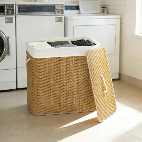 Cesto de Roupa Suja com Tampa 144L Cesto de Roupa Suja de Bambu com 3 Compartimentos Bolsa Interior Removível e Lavável Pegas para Lavandaria Quarto 60x40x60 cm Castanho