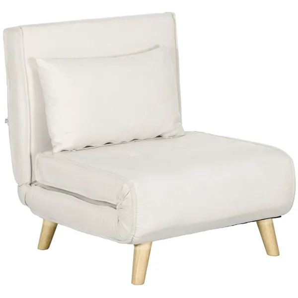 Sofá Cama Individual 3 em 1, Poltrona Cama Dobrável Estofada em Linho Sintético, com Encosto Ajustável em 6 Níveis, Almofada, Assento Largo, Pés de Madeira, 72x78x79 cm, Creme