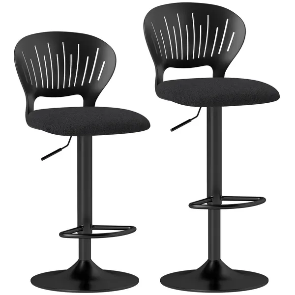 Conjunto de 2 Bancos Altos de Cozinha Giratórios a 360° Bancos de Bar Reguláveis em Altura de 84-105 cm Encosto Oco Apoio para os Pés para Sala de Jantar Balcão 40,5x43x84-105 cm Preto