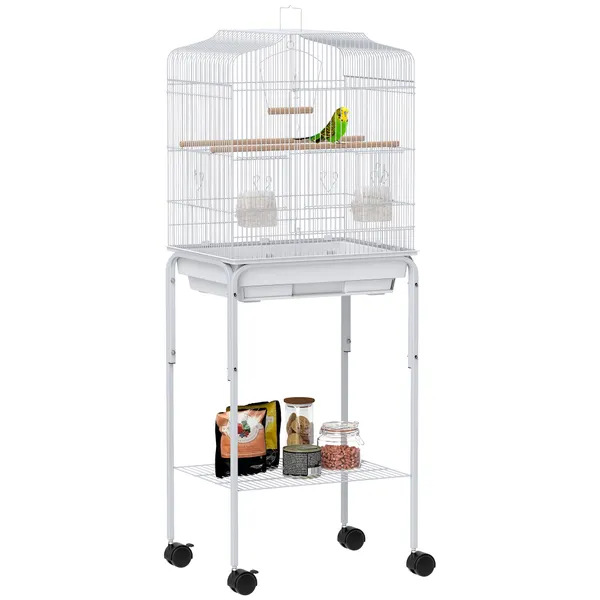 Gaiola Grande para Pássaros com Rodas Prateleira de Armazenamento Portas, 2 Comedouros 2 Poleiros Baloiço Bandeja Removível e Pega para Papagaio Canário Periquito 46,5x36x124 cm Branco