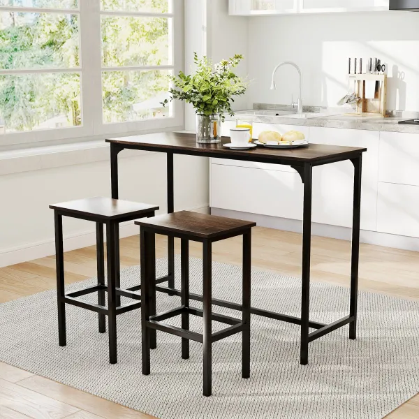 Conjunto de Comedor 3 Peças Mesa de Cozinha Industrial com 2 Bancos Altos