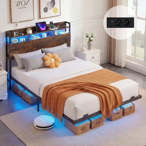 Cama Flutuante Dupla 200x140cm com LED RGB, Cabeceiro Arrumação e Carregamento