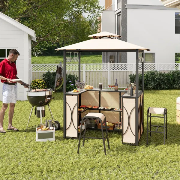 Ensemble Bar Terrasse 3 Pièces avec Pergola, Gril, 2 Tabourets et Table en Verre