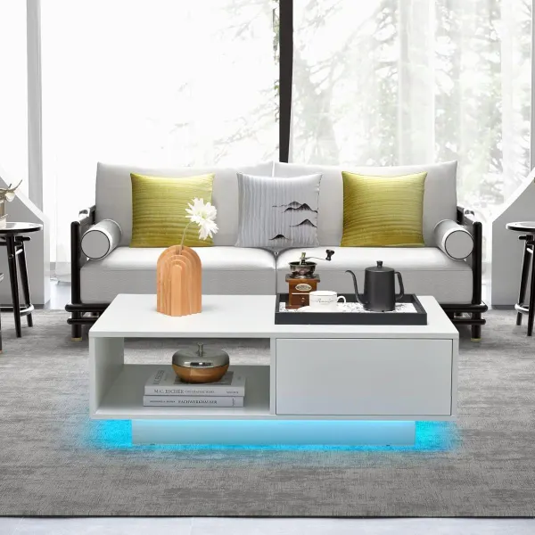 Table Basse LED Moderne avec Compartiment Ouvert et Tiroir - 20 Couleurs Télécommandées