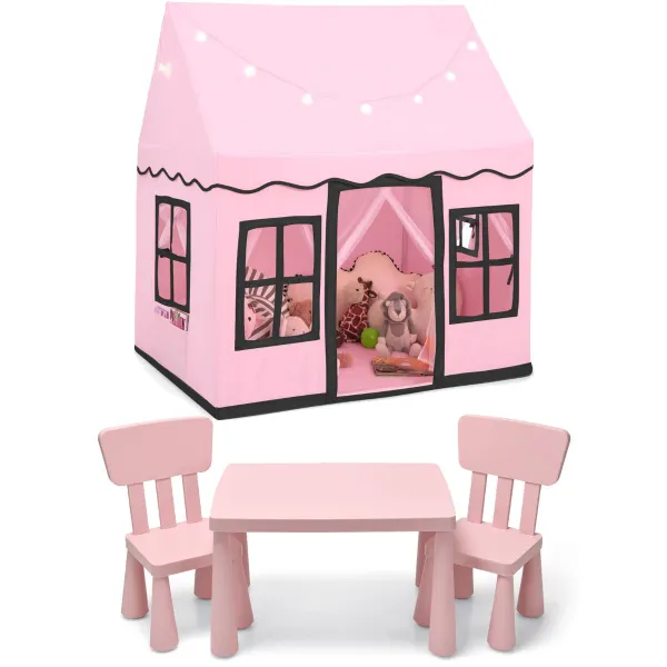 Tenda Infantil com Luzes de Estrelas + Mesa e 2 Cadeiras Rosa