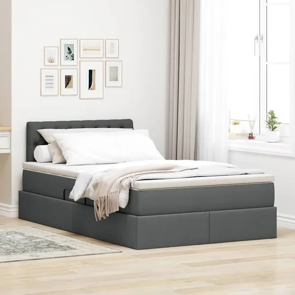 Cama com arrumação e LED Cinza Escuro 120 x 200 cm tecido