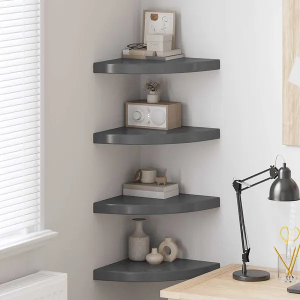 Prateleiras canto suspensas 4 pcs 35x35x3,8cm MDF cinza brilh.