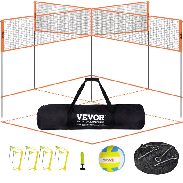 Rede voleibol 4 vias, altura ajustável, portátil com saco