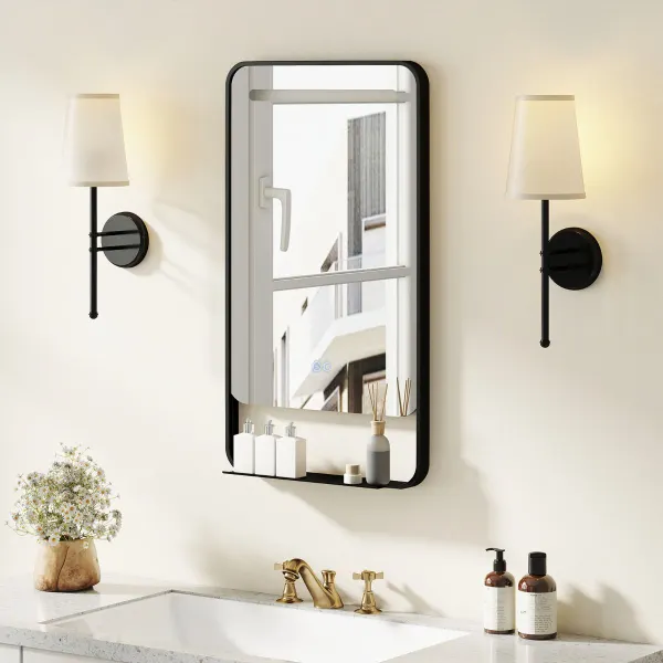 Miroir de Salle de Bain LED Antibuée 3 Couleurs Lumière Ajustable Cadre Aluminium avec Étagère Murale 88,5x50cm Noir