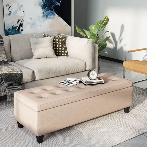 Banco de Armazenamento Acolchoado Banco Estofado em Linho Tampa com Abertura para Sala de Estar Entrada Dormitório Carga Máxima 120 kg 125x49x41,5 cm Bege