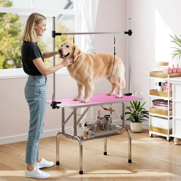 Mesa de Tosquia para Cães Dobrável Mesa de Higiene com Prateleira Metálica Superfície Antiderrapante Barra de Aço Inoxidável Ajustável para Cães e Gatos 107x60x164 cm Rosa