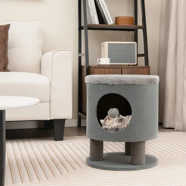Pouf Maison pour Chat avec 3 Griffoirs et Balle de Feutre 40x40x47cm