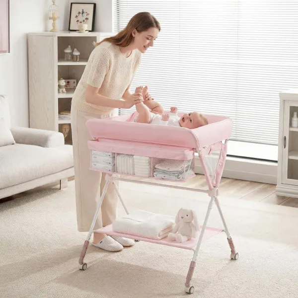Table à Langer Portable Pliable Hauteur Réglable 3 Niveaux avec Organiseur et Roulettes