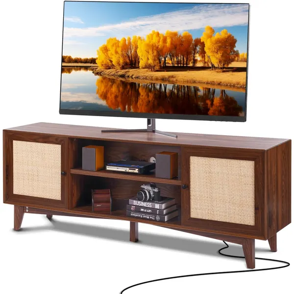 Móvel TV rattan 191cm estilo boho walnut gabinete