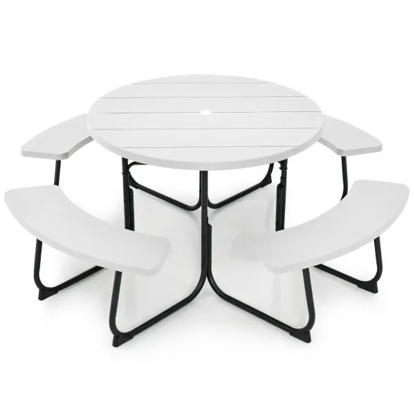 Conjunto de Mobiliário para 8 Pessoas com 4 Bancos, Orifício para Sombrila e Mesa Redonda de Picnic Carga 225 kg