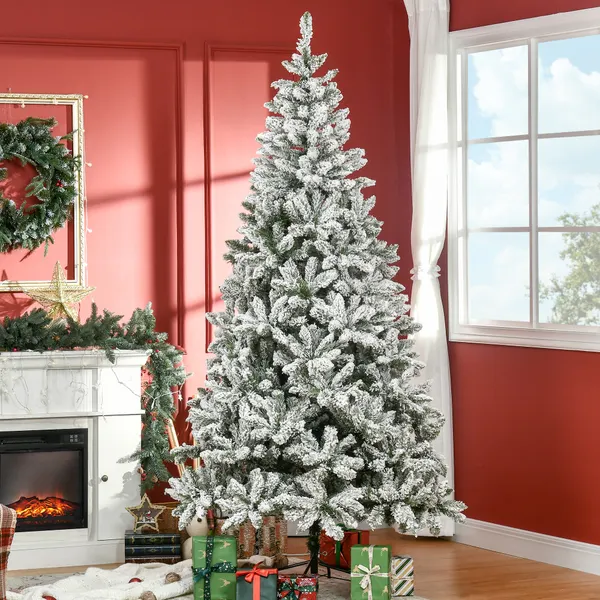 Arbre artificiel de Noël 225 cm avec Ignifuge Neige avec 1300 Ramos Feuilles en PVC pliables et support en métal Décoration de Noël pour intérieurs verts
