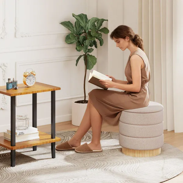Pouf Rotondo con Ripostiglio, Sgabello Chenille Coperchio Removibile Base Legno Beige