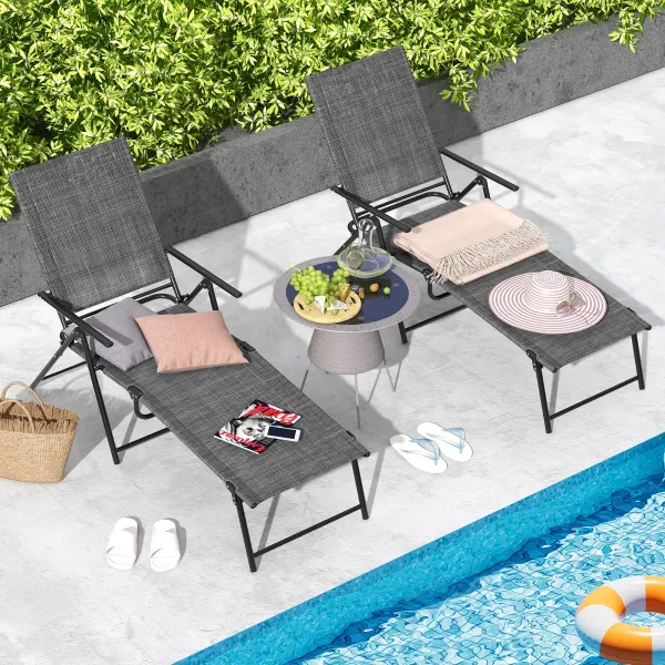 Juego de 2 Sillones Plegables con Respaldo de 6 Niveles Tela de Asiento Transpirable Marco de Metal para Patio 189 x 64 x 102 cm Marrón