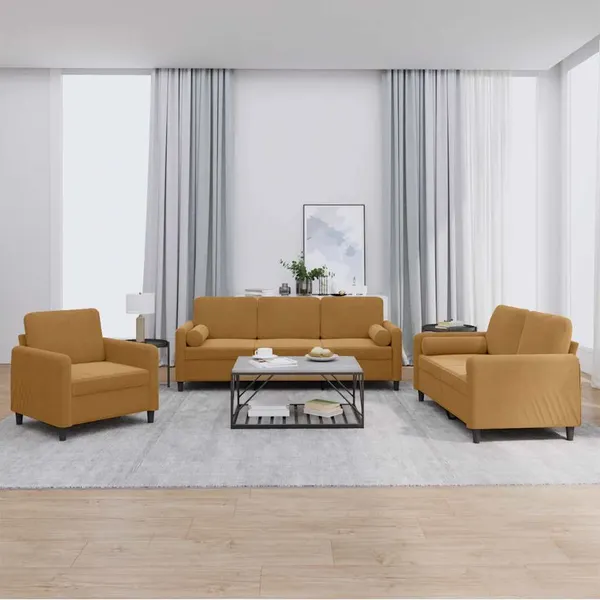 3 pcs conjunto de sofás com almofadas veludo castanho