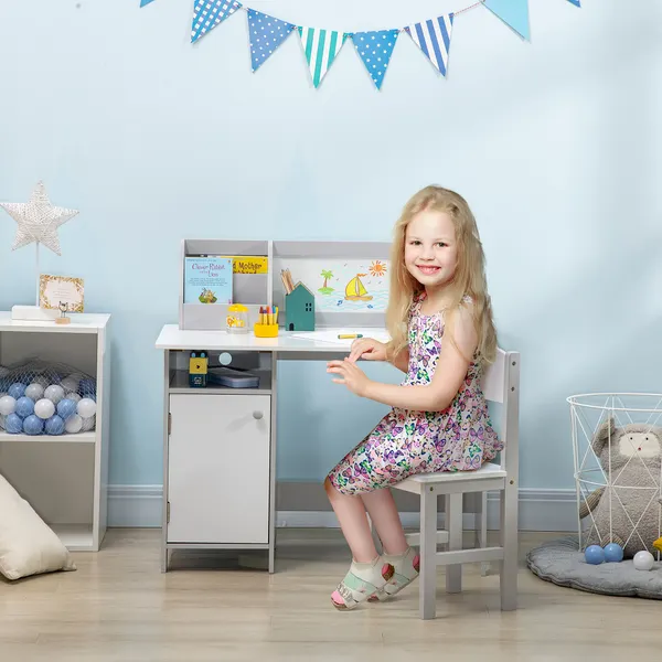 Conjunto de Mesa e Cadeira Infantil de Madeira com Quadro Branco Mesa de Estudo para Crianças acima de 5 Anos Móvel Escritório Infantil 90x45x85cm Cinza