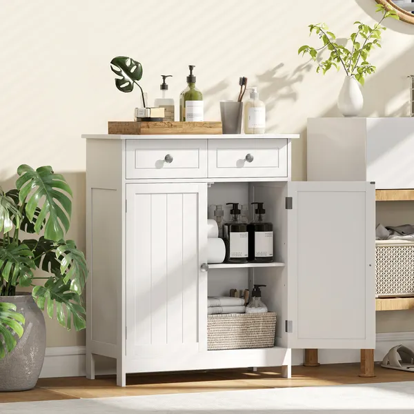 Gabinete auxiliar Casa de Baño Móvil Auxiliar de Casa de Baño con 2 Gavetas 2 Puertas y Prateleira Ajustable Estilo Moderno para Duche Dormitorio 60x30x75cm Blanco