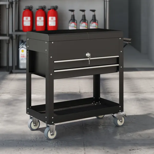 Carrinho de Ferramentas com Rodas Carrinho de Oficina Móvel com Tampa Deslizante 2 Gavetas com Fecho Bandeja Caixa de Ferramentas de Aço para Oficina Garagem 77,5–130x38x80 cm Preto