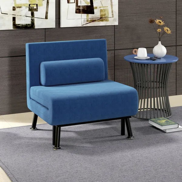 Sofá Cama Individual 3 em 1 Sofá Cama Dobrável Estofado em Linho com Encosto Ajustável em 5 Níveis e Almofada Acolchoada para Escritório Quarto Sala 75x70x75 cm Azul Escuro