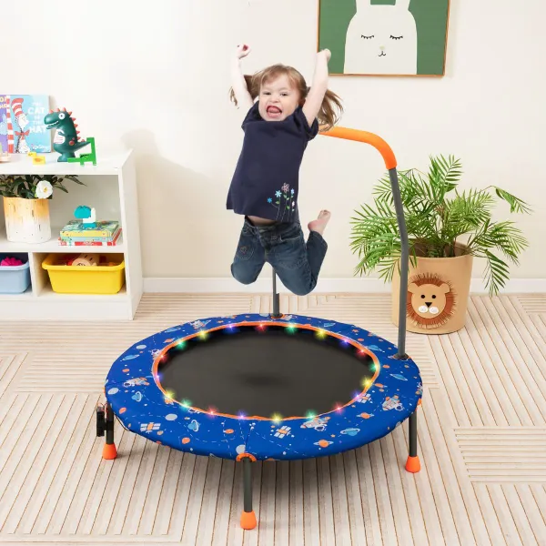 Trampolino Bambini 92 cm con Luci LED, Maniglia Sicura e Protezione Imbottita