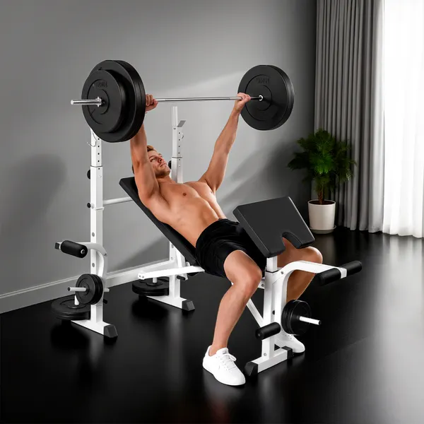 Banco de Musculação Multifuncional Inclinável com Suporte para Barra Ajustável Extensão de Pernas Curl de Predicador para Treino em Casa e Ginásio 180x134x113-136 cm Preto