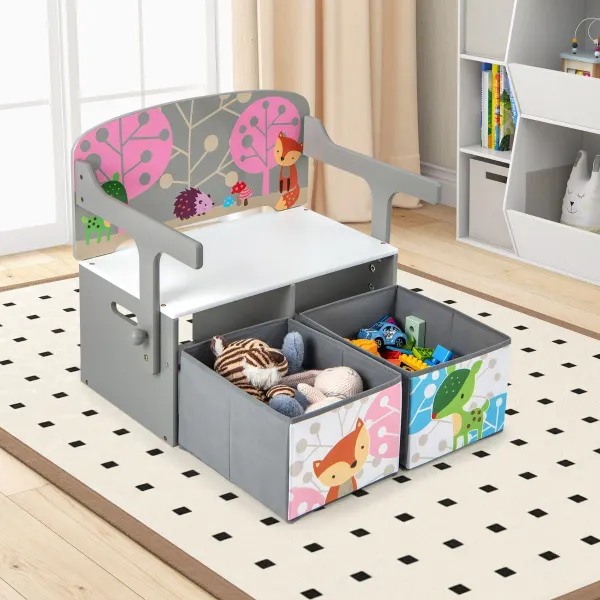 Conjunto Mesa e Cadeiras Infantis 3 em 1 com 2 Contentores de Tecido Extraíveis