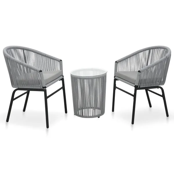 3 pcs conjunto de bistrô com almofadões vime PE cinzento