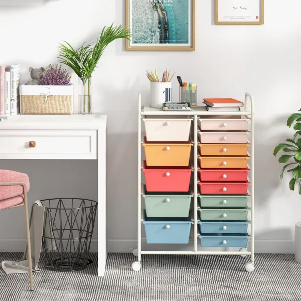 Carrello Organizzatore con 15 Cassetti Estraibili e Ruote Bloccabili 63x37x87cm