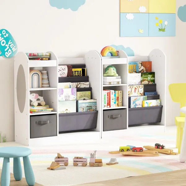 Scaffale Bambini con Specchio Organizzatore Giocattoli 4 Livelli Bianco