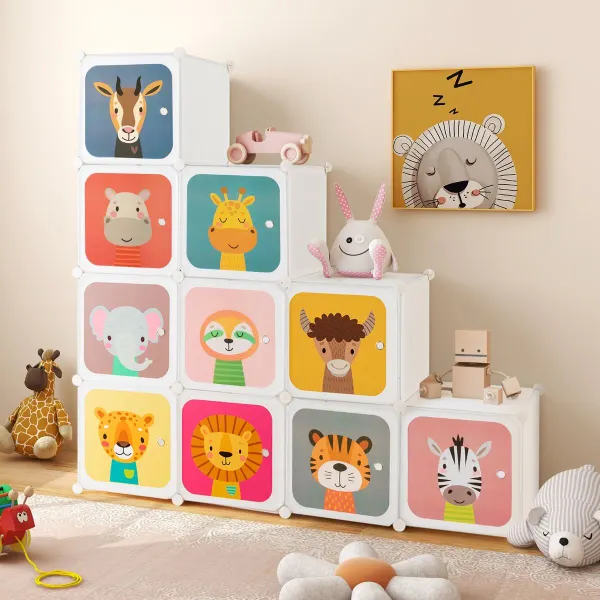 Armário Portátil Infantil 12 Cubos com 2 Barras Penduradas Organizador Modular