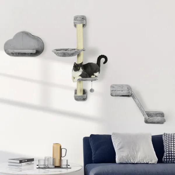 Conjunto de Prateleiras de Escalada para Gatos de 3 Peças Prateleiras de Parede para Gatos com Rede Rampa Arranhador Plataforma em Forma de Nuvem para Saltar Cinzento
