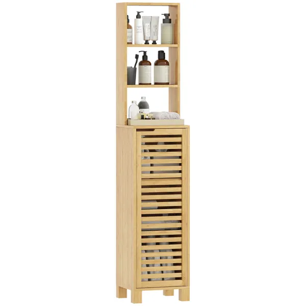 Coluna Casa de Banho de Bambu Armário Alto e Estreito para Casa de Banho com 3 Prateleiras Abertas Portas de Ripas Prateleiras Ajustáveis 34x30x170 cm Madeira