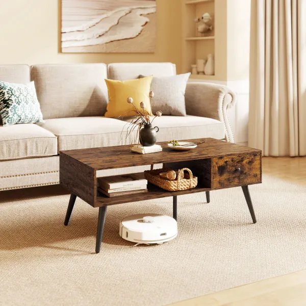 Tavolino da Centro con Cassetto e Ripiano Aperto Stile Retro 109x55x39,5cm
