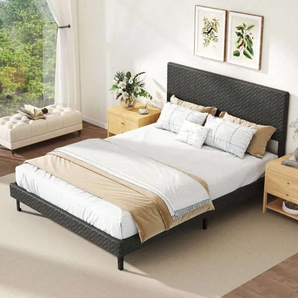 Lit Capitonné 160x200cm Tête de Lit Chevron Ajustable 3 Positions Lattes Bois