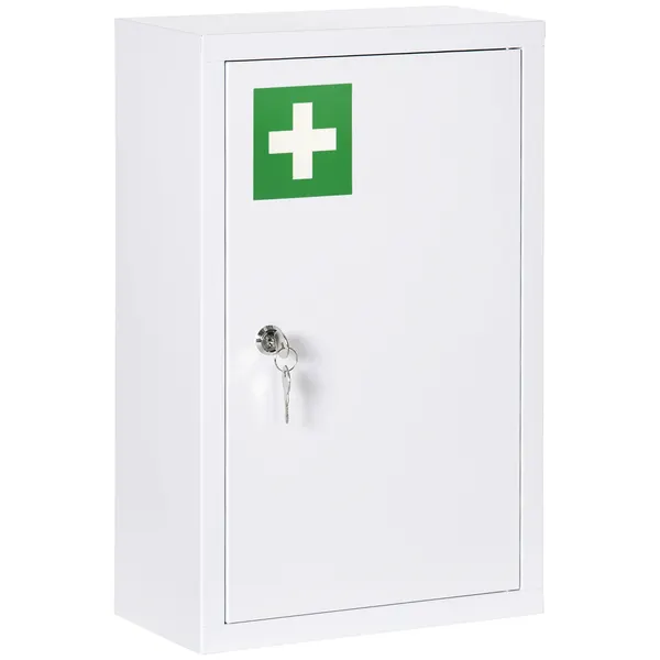 Armário Farmácia de Parede Armário de Medicamentos de Aço com 3 Prateleiras de Armazenamento e 2 Chaves para Casa de Banho 30x14x46 cm Branco