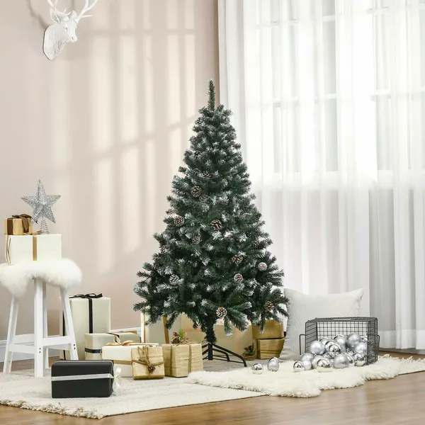 Arbre de Noël artificiel 150cm avec 676 Ramas et 41 pins feuilles en PVC avec effet neige pliable et support en métal pour intérieurs verts