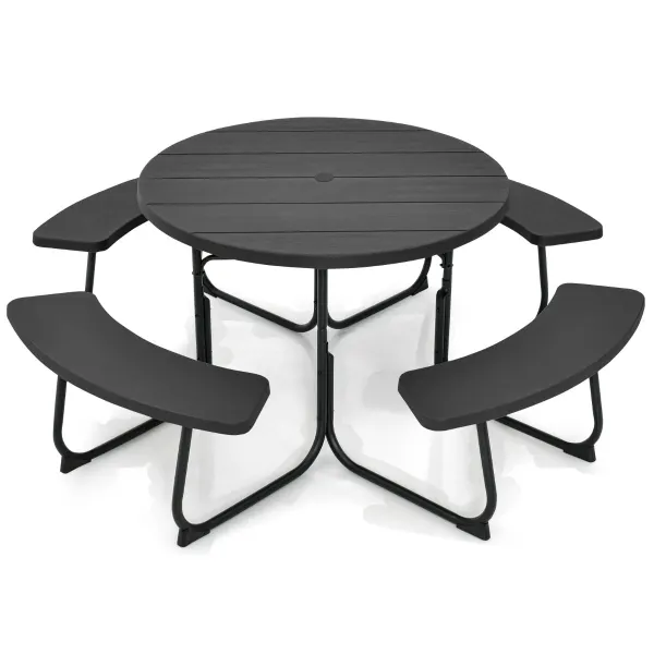 Table de Pique-nique Ronde 110cm pour 8 Personnes avec 4 Bancs et Trou pour Parasol