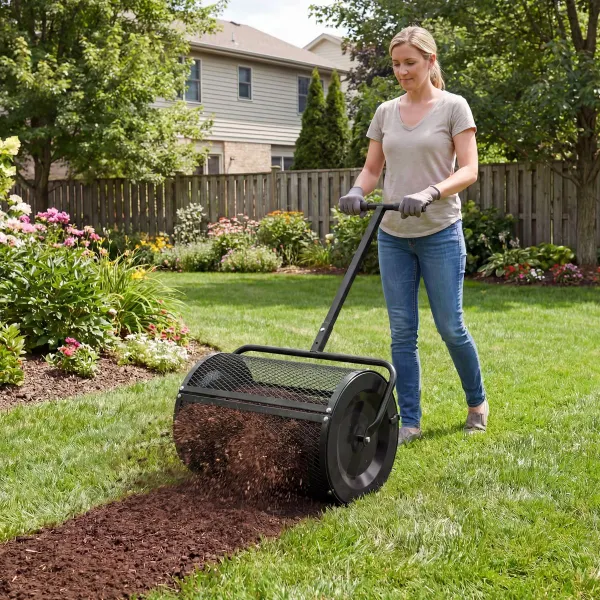 Spargitore di Compost 31 cm con Rullo per Torba e Manico a T Regolabile - Cestello Metallico Nero