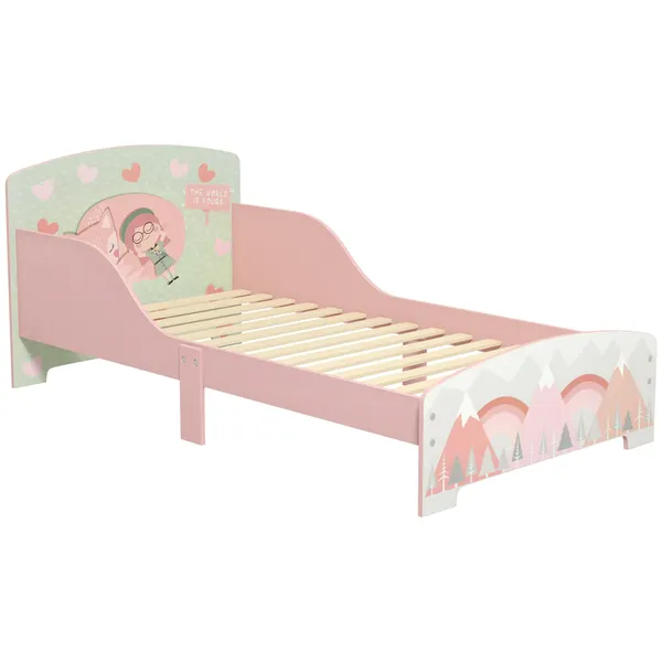 Cama para Crianças de Madeira 143x77x60 cm Cama para Crianças de 3-6 Anos com Barreira de Proteção e Estampados Carga Máx. 40 kg Rosa