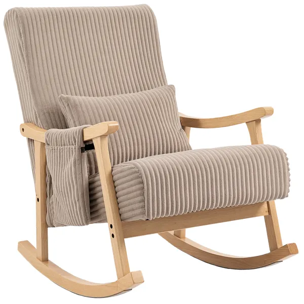 Cadeira de Baloiço, Cadeira de Veludo Cotelê com Almofada Lombar, Pernas e Apoios de Braço em Madeira, Assento Largo, Bolso Lateral, Estilo Moderno, Cadeira de Relaxamento, Suporte até 120 kg, para Quarto, Sala, Castanho Claro