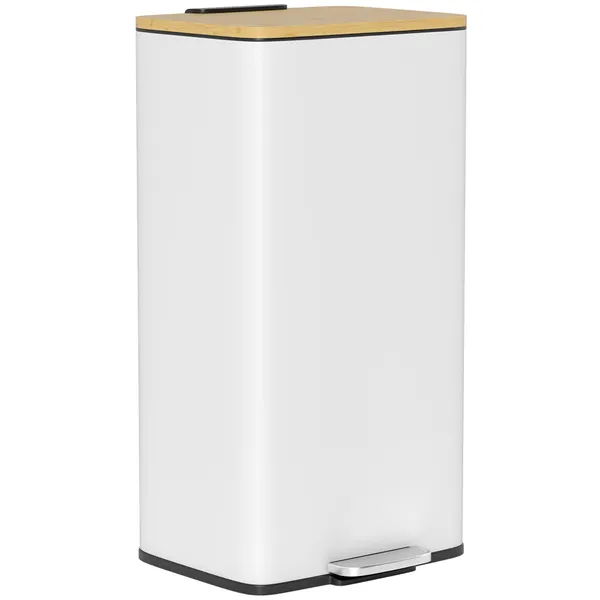 Balde de Lixo de Cozinha com Pedal 20L Tampa de Bambu com Fecho Suave Balde de Cozinha com Balde Interior Removível Anti-Impressões Digitais 29,5x29,5x56,8 cm Branco e Madeira