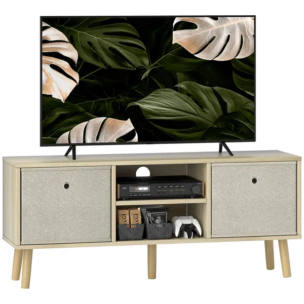 Móvel de TV para Televisores de até 50 Polegadas Móvel de Sala de Estar Moderno com 2 Gavetas de Tecido 2 Prateleiras Abertas e Orifício Passa Cabos 110x29x46,5 cm Madeira Clara e Bege
