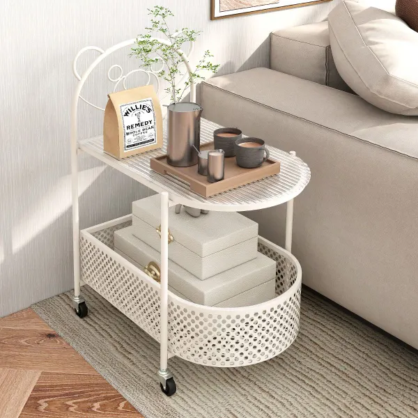 Mesa de Café de Cristal Móvil 2 Niveles Patrón Oso con Ruedas y Cesta