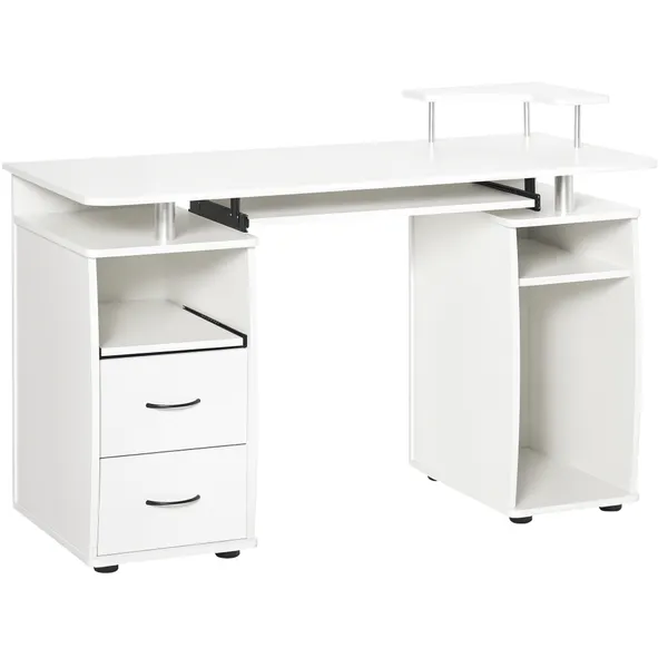 Mesa de Computador Mesa de Escritório com Múltiplas Prateleiras 2 Gavetas Bandeja de Teclado e Suporte para Monitor e CPU 120x55x85 cm Branco